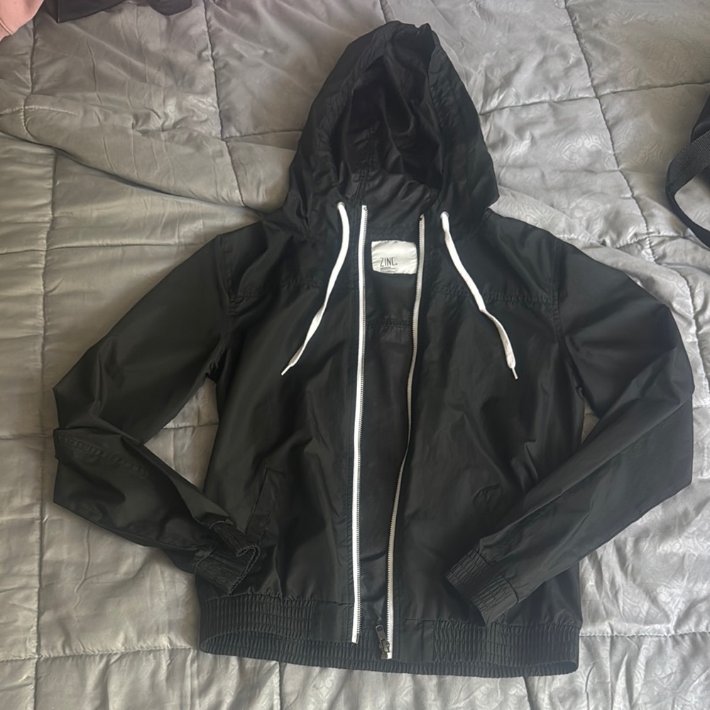 Black Hooded Jacket with White Zipper
